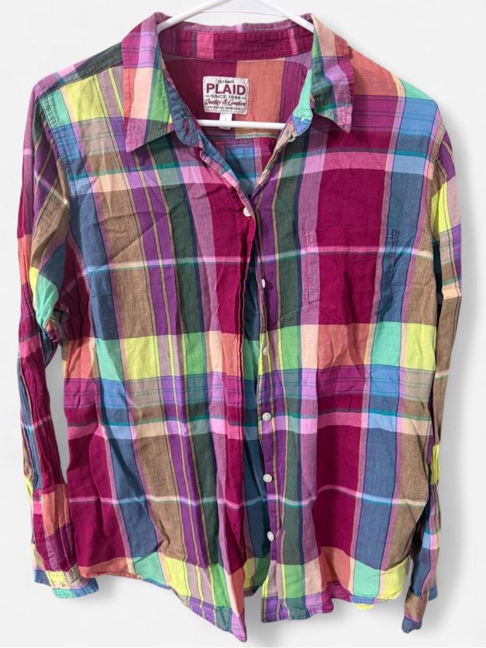 Old Navy Bright Multicolor Plaid Button-Down Shirt - Pink, Green, Blue, Yellow